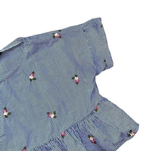 Zara Blue Striped Floral Embroidered Short Sleeve Blouse US M - Picture 4 of 9